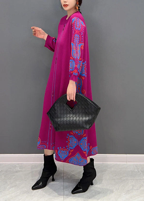 Beautiful Rose Print Button Knit Vacation Dresses Spring - Image 3