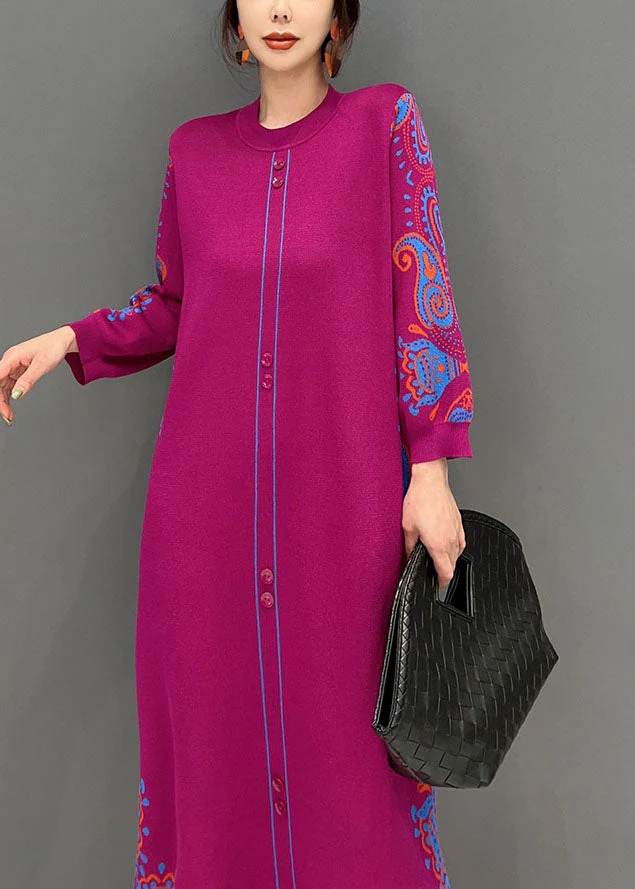 Beautiful Rose Print Button Knit Vacation Dresses Spring - Image 4