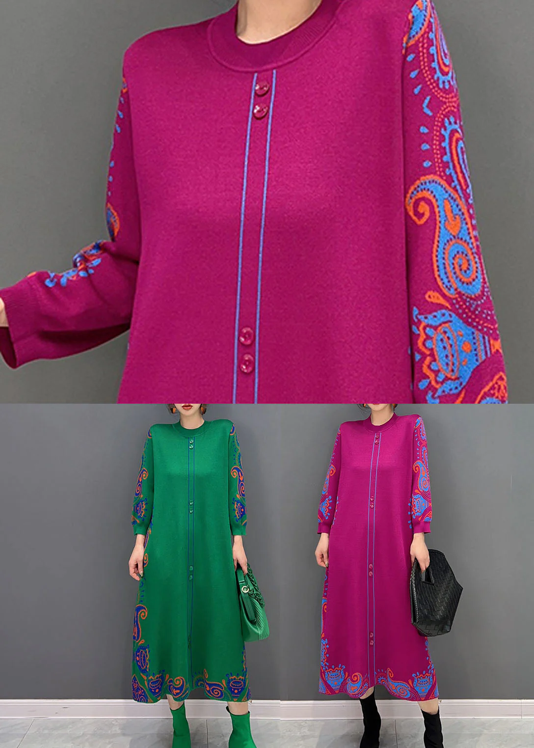 Beautiful Rose Print Button Knit Vacation Dresses Spring - Image 5