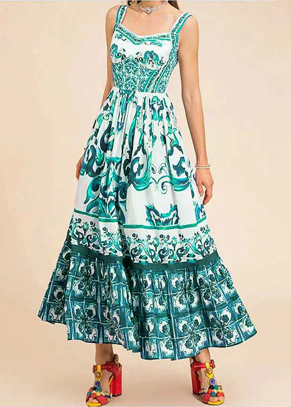 Beautiful Rose Print High Waist Cotton Spaghetti Strap Dress Sleeveless - Image 3