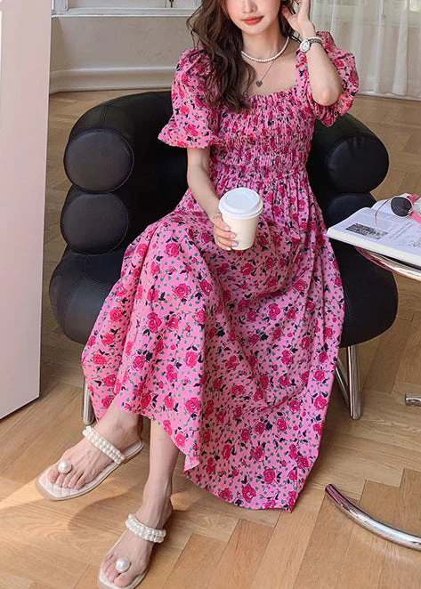 Beautiful Rose Puff Sleeve Print Cotton Holiday Dress - Image 2