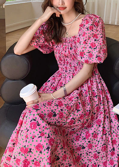 Beautiful Rose Puff Sleeve Print Cotton Holiday Dress - Image 3