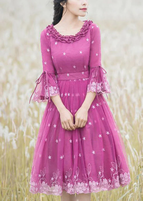 Beautiful Rose Ruffled Embroideried Lace Up Tulle Dresses Flare Sleeve - Image 2
