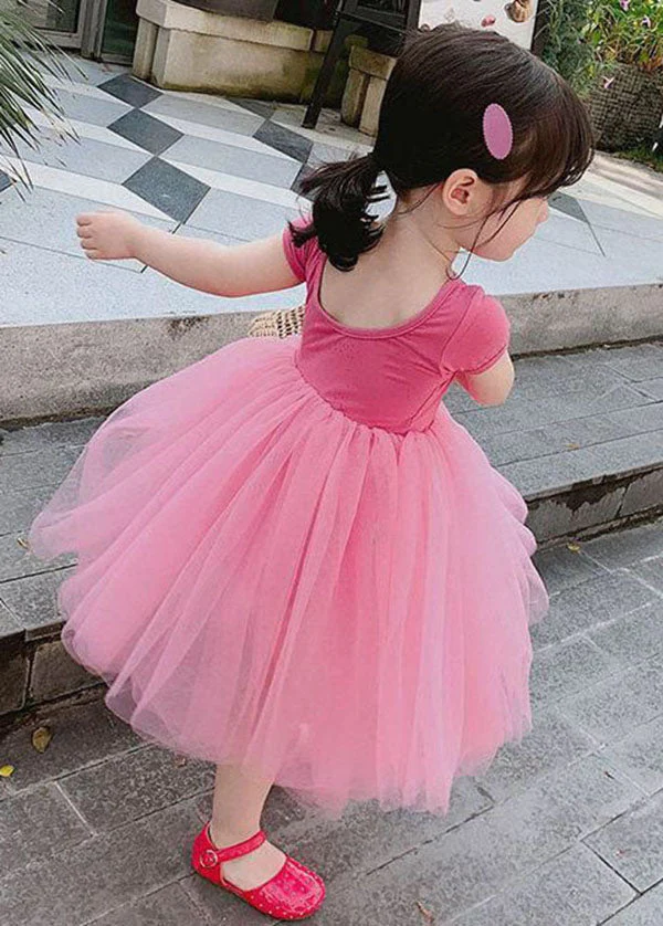 Beautiful Rose Ruffled Patchwork Tulle Kids Girls Off The Back Dress Summer - Image 2