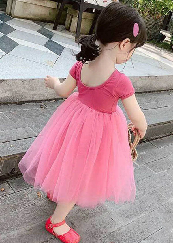 Beautiful Rose Ruffled Patchwork Tulle Kids Girls Off The Back Dress Summer - Image 3