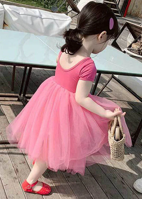 Beautiful Rose Ruffled Patchwork Tulle Kids Girls Off The Back Dress Summer - Image 4