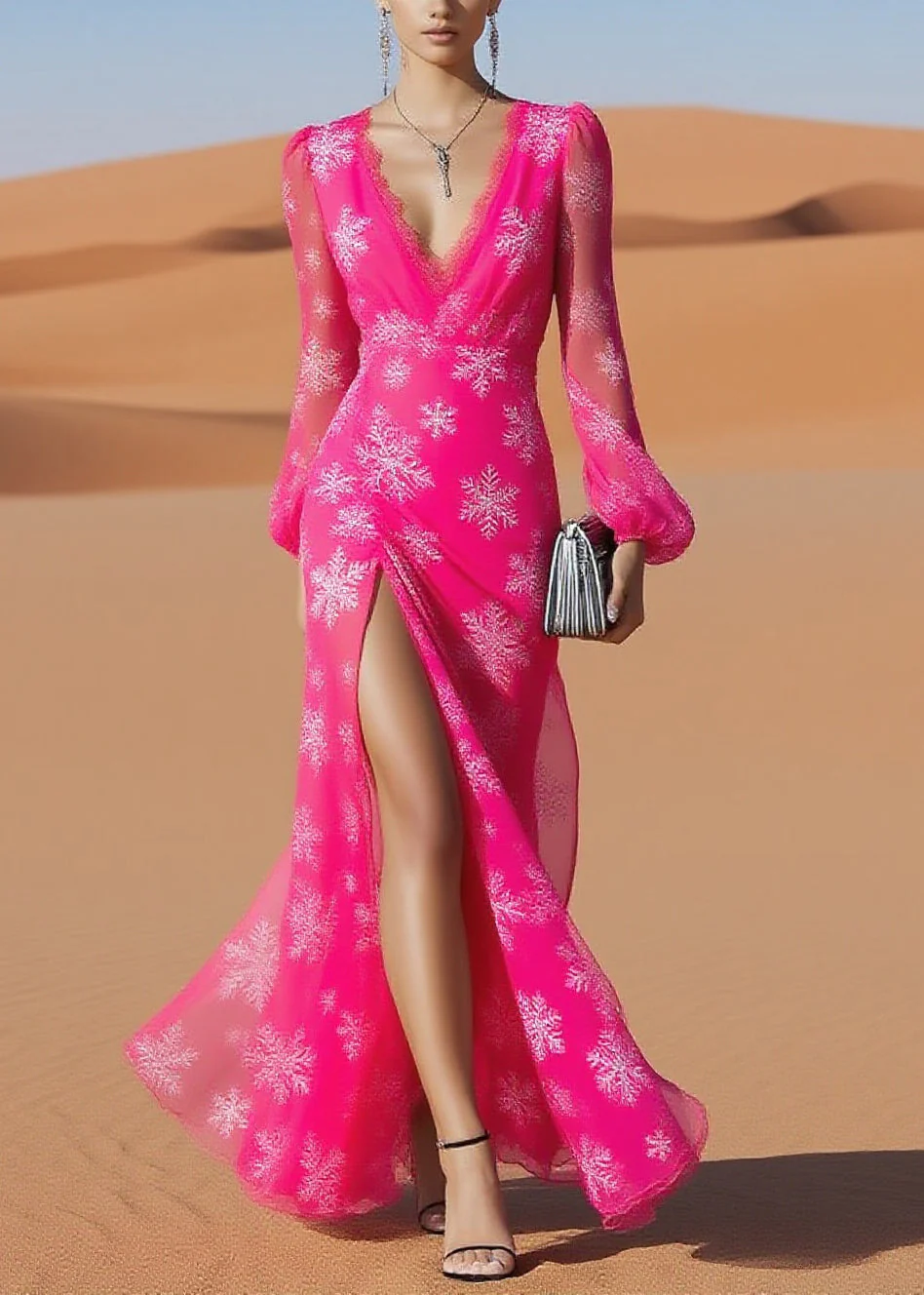 Beautiful Rose Snowflake Print Side Open Chiffon Long Dresses Spring - Image 3