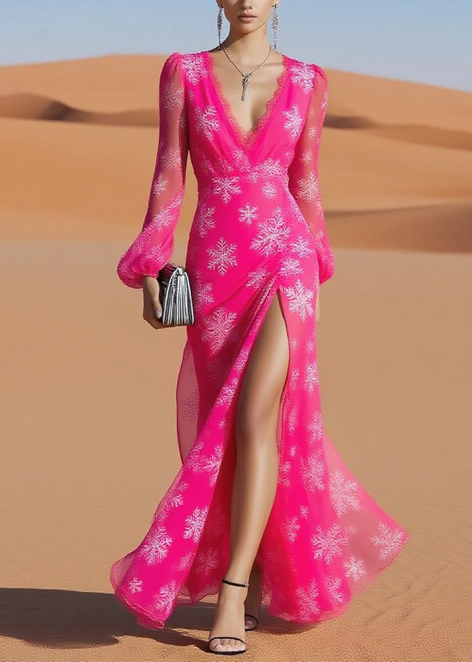 Beautiful Rose Snowflake Print Side Open Chiffon Long Dresses Spring - Image 5