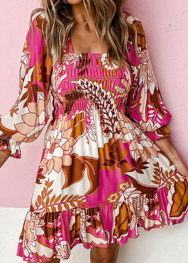 Beautiful Rose Square Collar Wrinkled Mid Dress Fall - Image 4