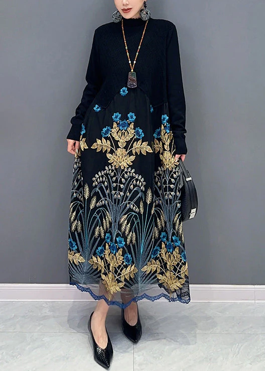 Beautiful Rose Turtleneck Embroideried Tulle Patchwork Dress Fall - Image 2