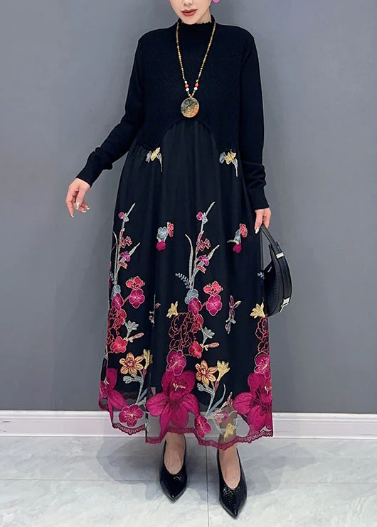 Beautiful Rose Turtleneck Embroideried Tulle Patchwork Dress Fall - Image 3