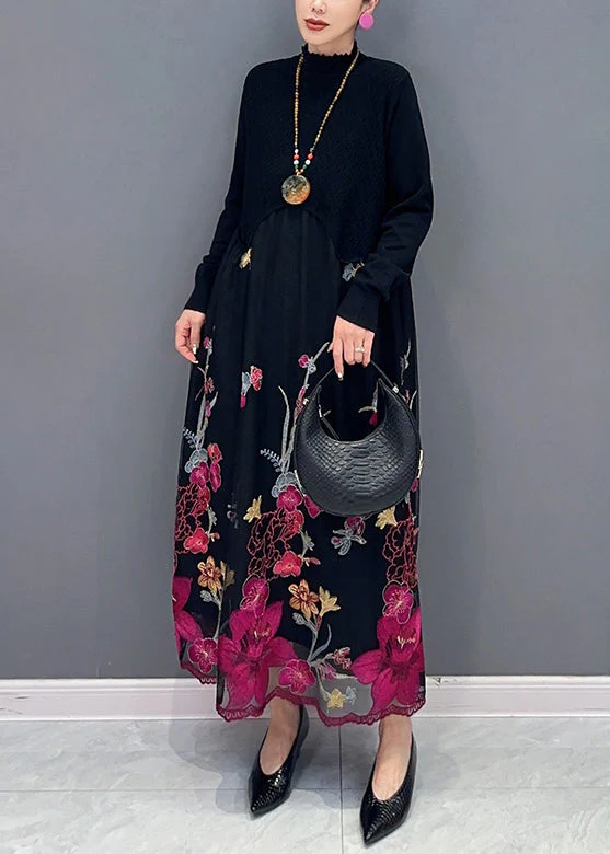 Beautiful Rose Turtleneck Embroideried Tulle Patchwork Dress Fall - Image 4