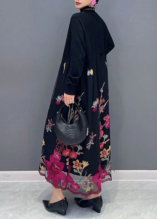 Beautiful Rose Turtleneck Embroideried Tulle Patchwork Dress Fall - Image 5