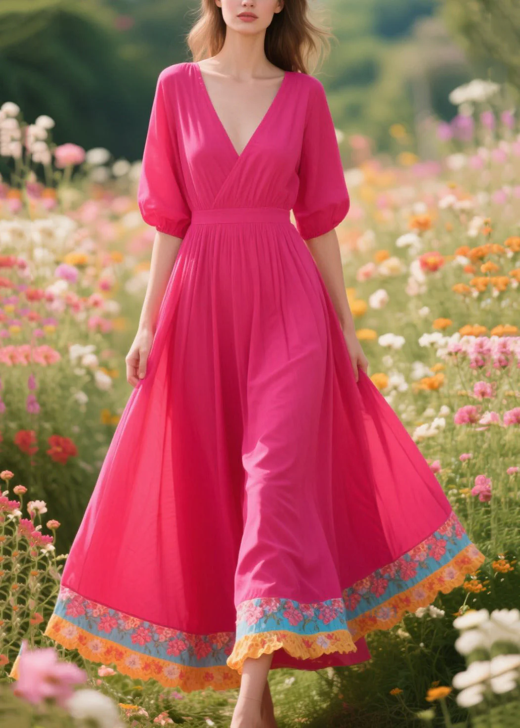 Beautiful Rose V Neck Patchwork Exra Large Hem Cotton Dresses Summer - Image 3
