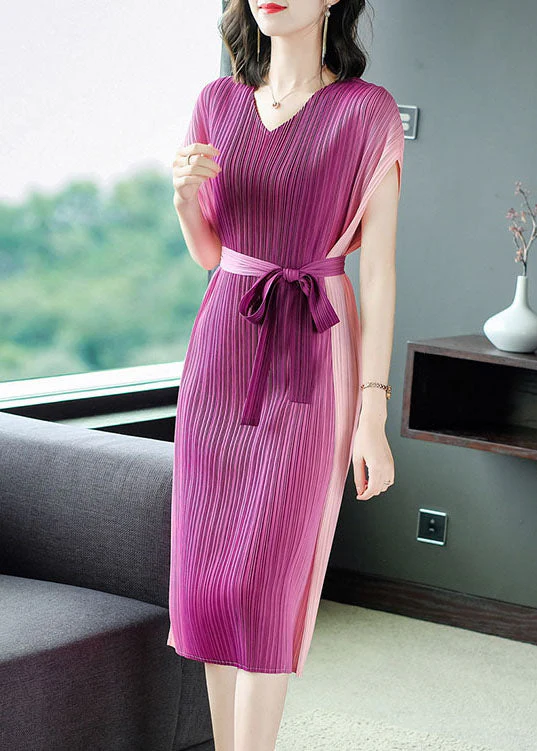 Beautiful Rose Wrinkled Tie Waist Chiffon Vacation Dresses Summer - Image 3