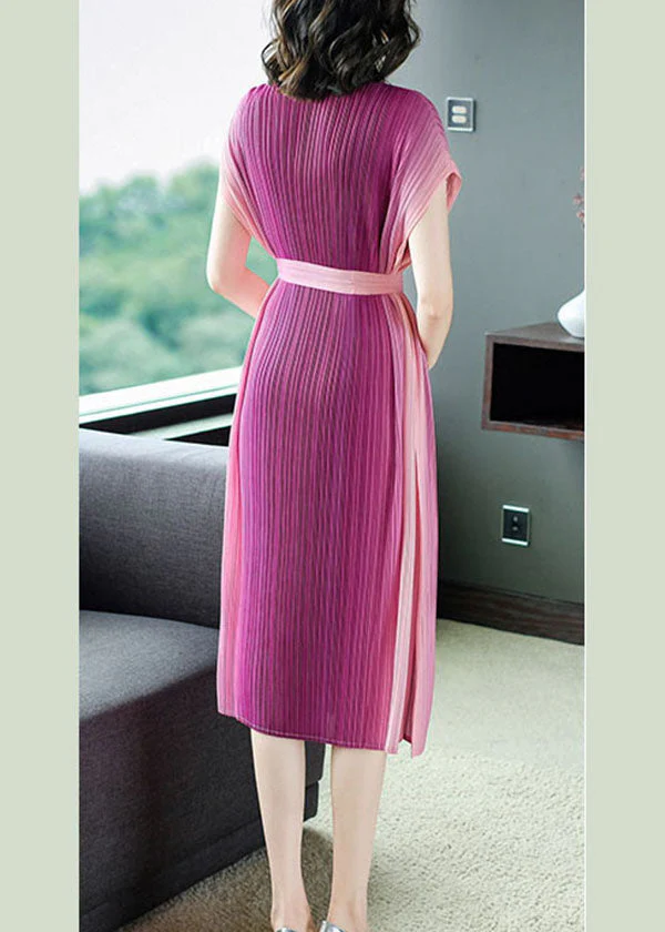 Beautiful Rose Wrinkled Tie Waist Chiffon Vacation Dresses Summer - Image 4