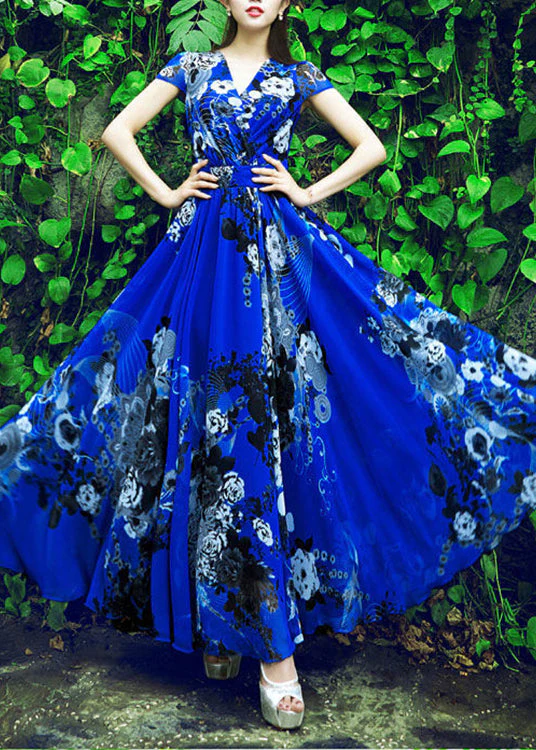 Beautiful Royalblue Print Tunic Chiffon Long Beach Dress Short Sleeve - Image 2