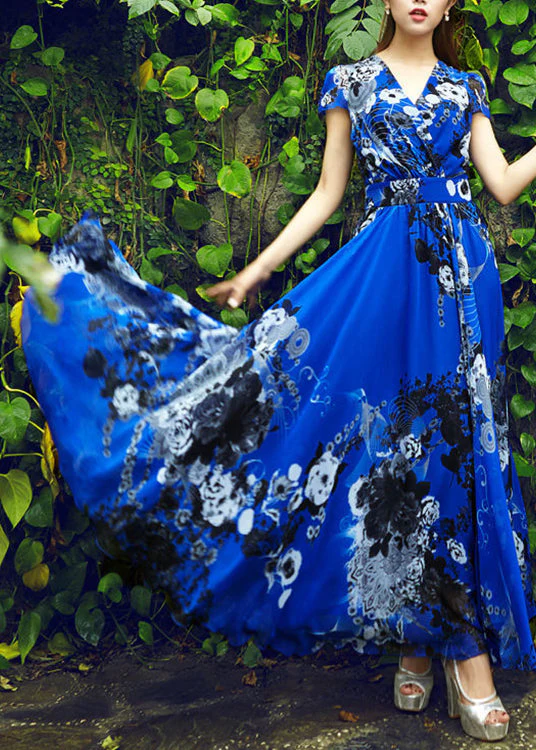 Beautiful Royalblue Print Tunic Chiffon Long Beach Dress Short Sleeve - Image 3