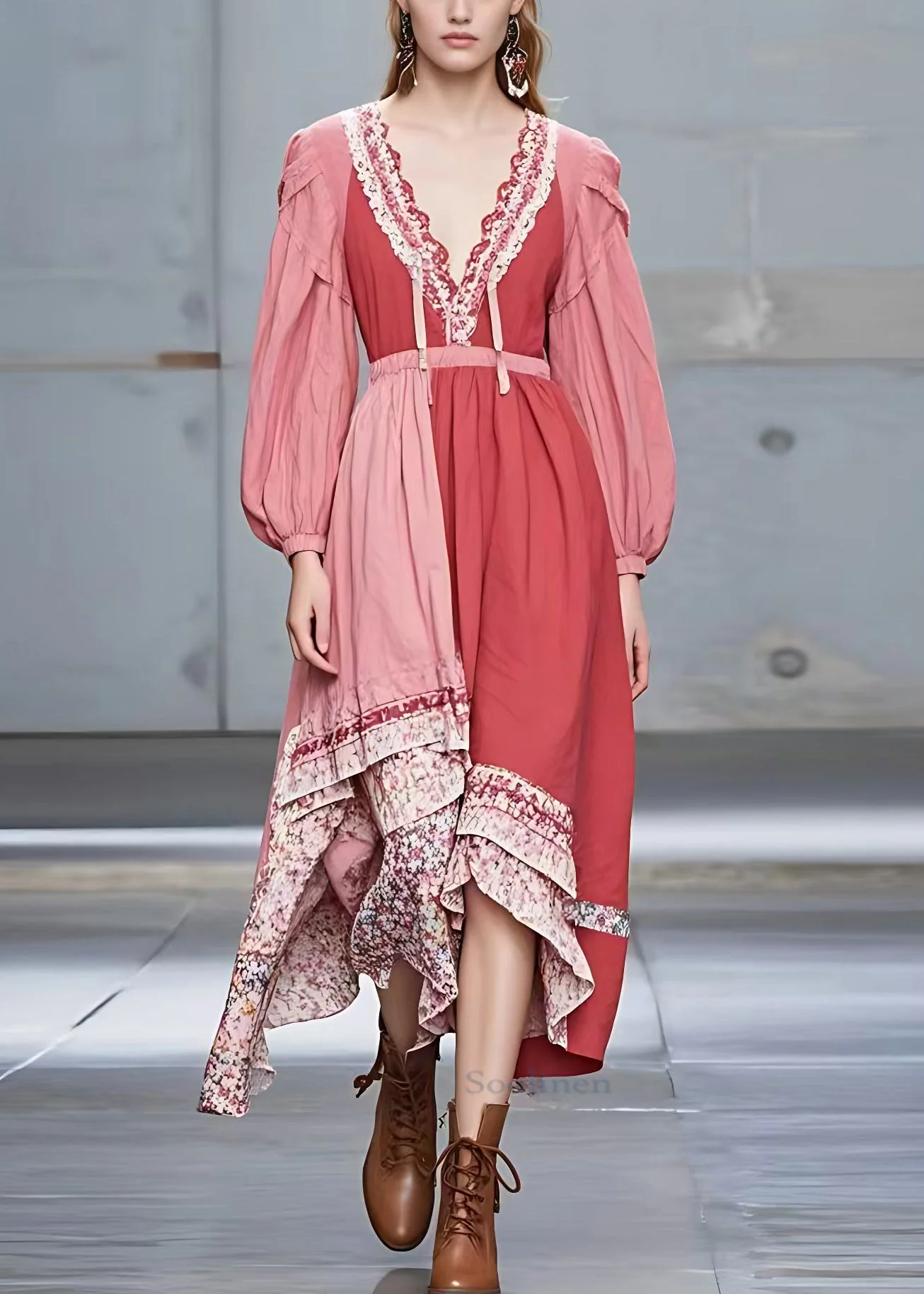 Beautiful Rubber Red V Neck Print Patchwork Cotton Long Dress Fall - Image 2