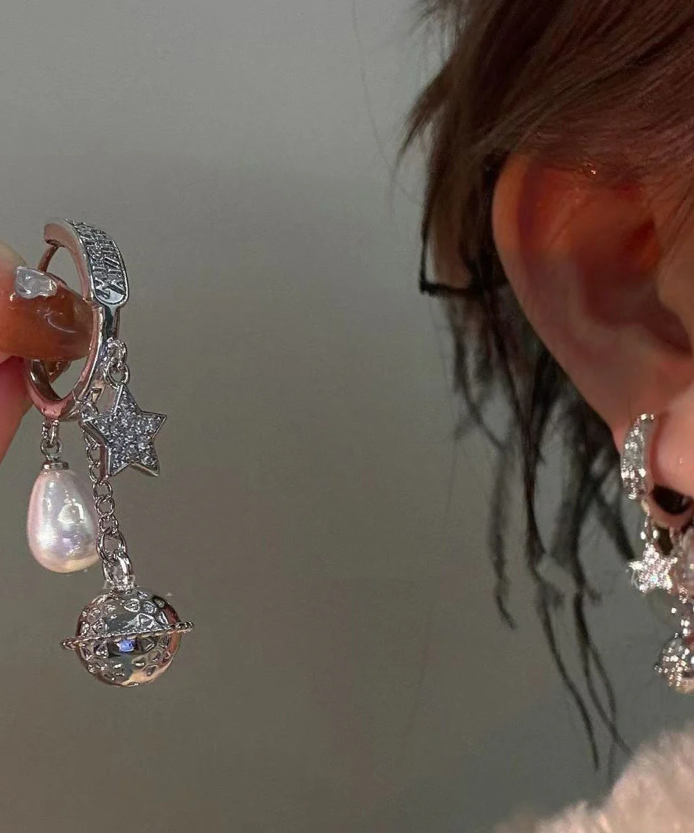 Beautiful Silk Copper Overgild Zircon Planet Pearl Tassel Drop Earrings - Image 3