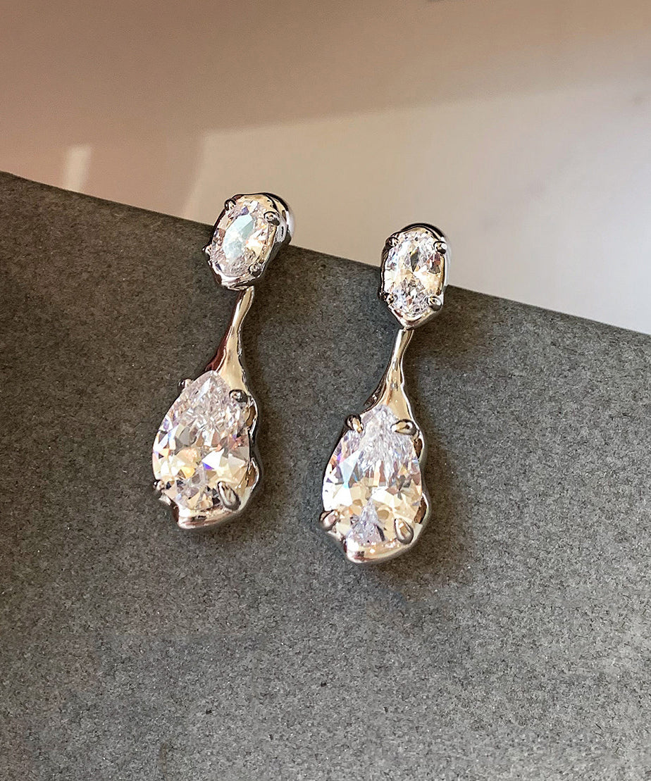 Beautiful Silvery Teardrop Shape Sparkling Zircon Drop Earrings - Image 3