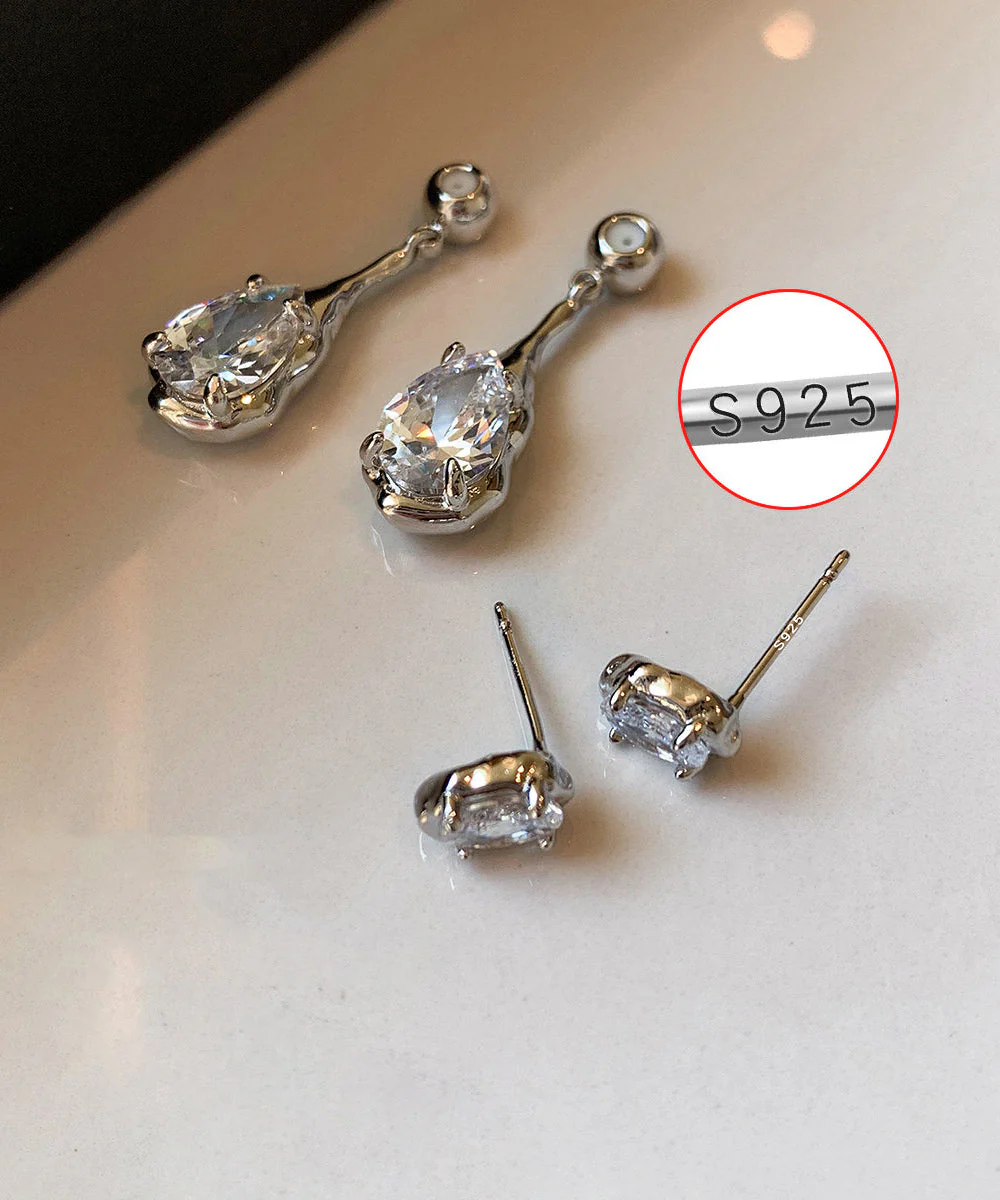 Beautiful Silvery Teardrop Shape Sparkling Zircon Drop Earrings - Image 5