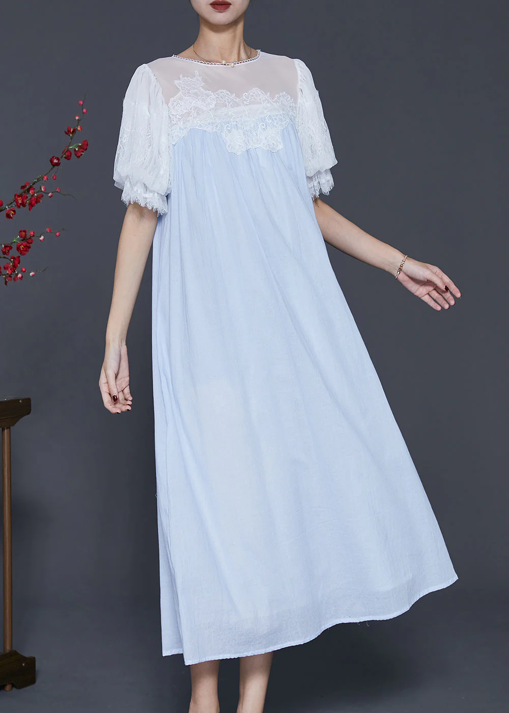Beautiful Sky Blue Embroidered Patchwork Chiffon Vacation Dresses Summer - Image 3