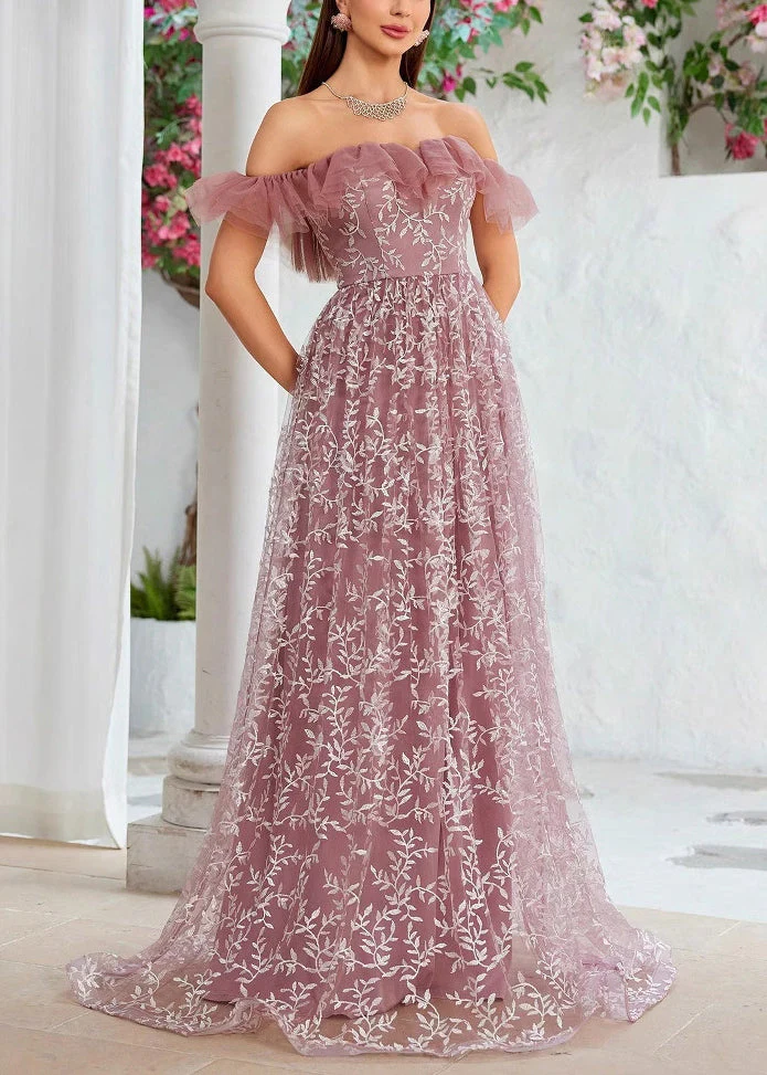 Beautiful Slash Neck Embroidery High Waist Tulle Maxi Dresses Summer - Image 2