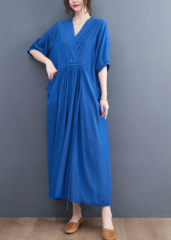 Beautiful Solid Blue Wrinkled V Neck Tie Waist Cotton Long Dress Short Sleeve - Image 2