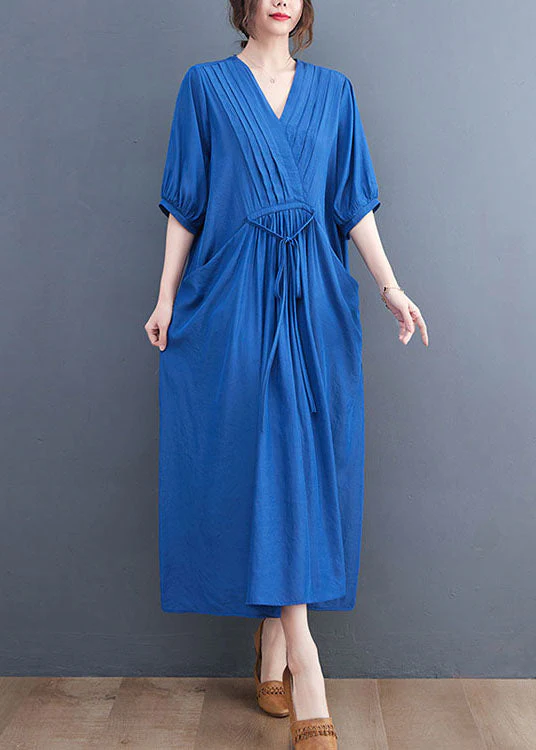 Beautiful Solid Blue Wrinkled V Neck Tie Waist Cotton Long Dress Short Sleeve - Image 3