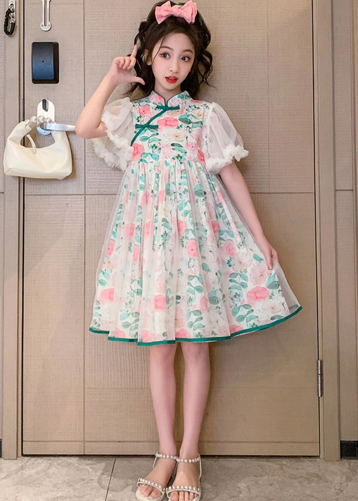 Beautiful Stand Collar Tulle Patchwork Button Girls Mid Dress Summer - Image 3