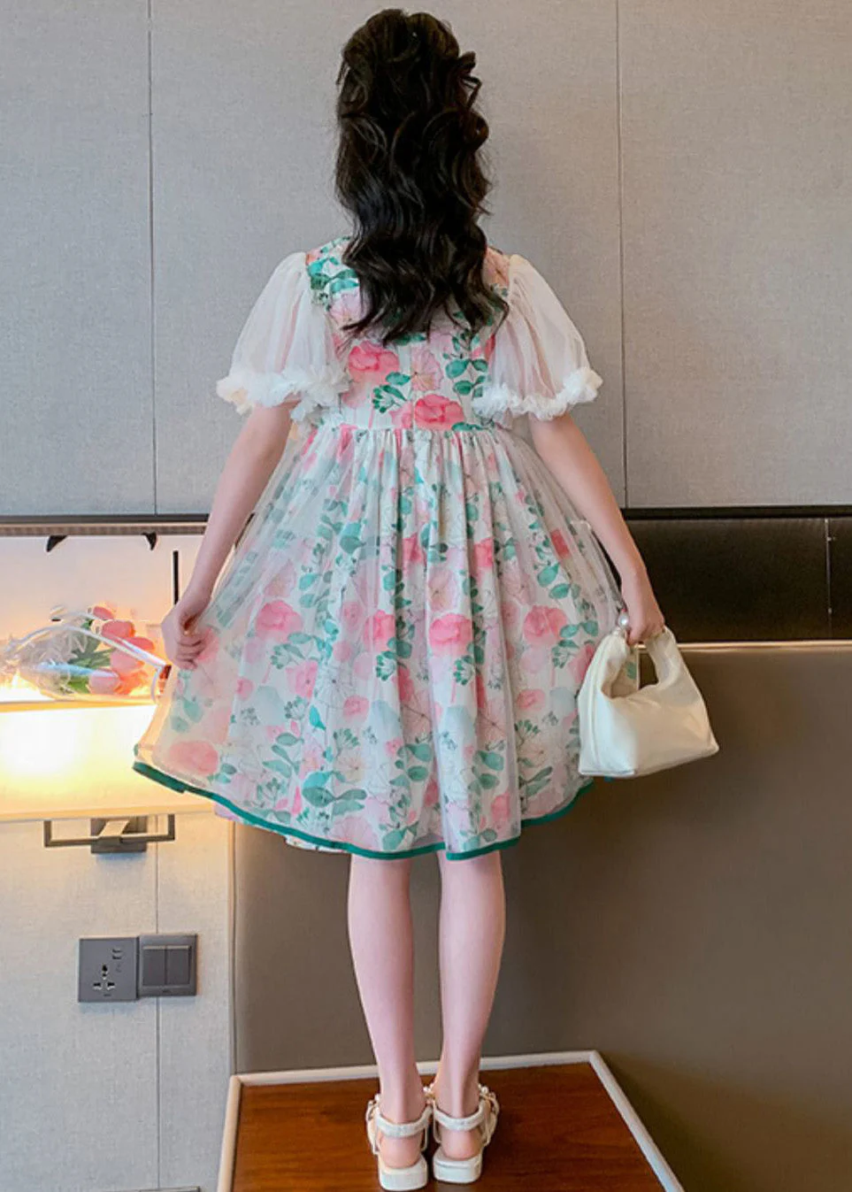 Beautiful Stand Collar Tulle Patchwork Button Girls Mid Dress Summer - Image 5