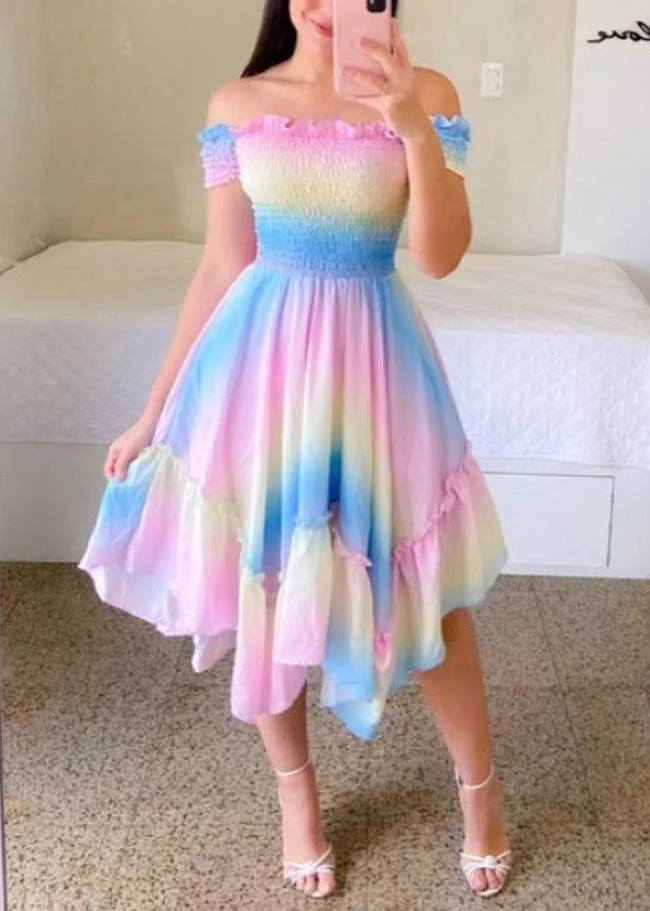 Beautiful Sunflower Slash Neck Print Ruffled Cotton Dress Summer - Image 2