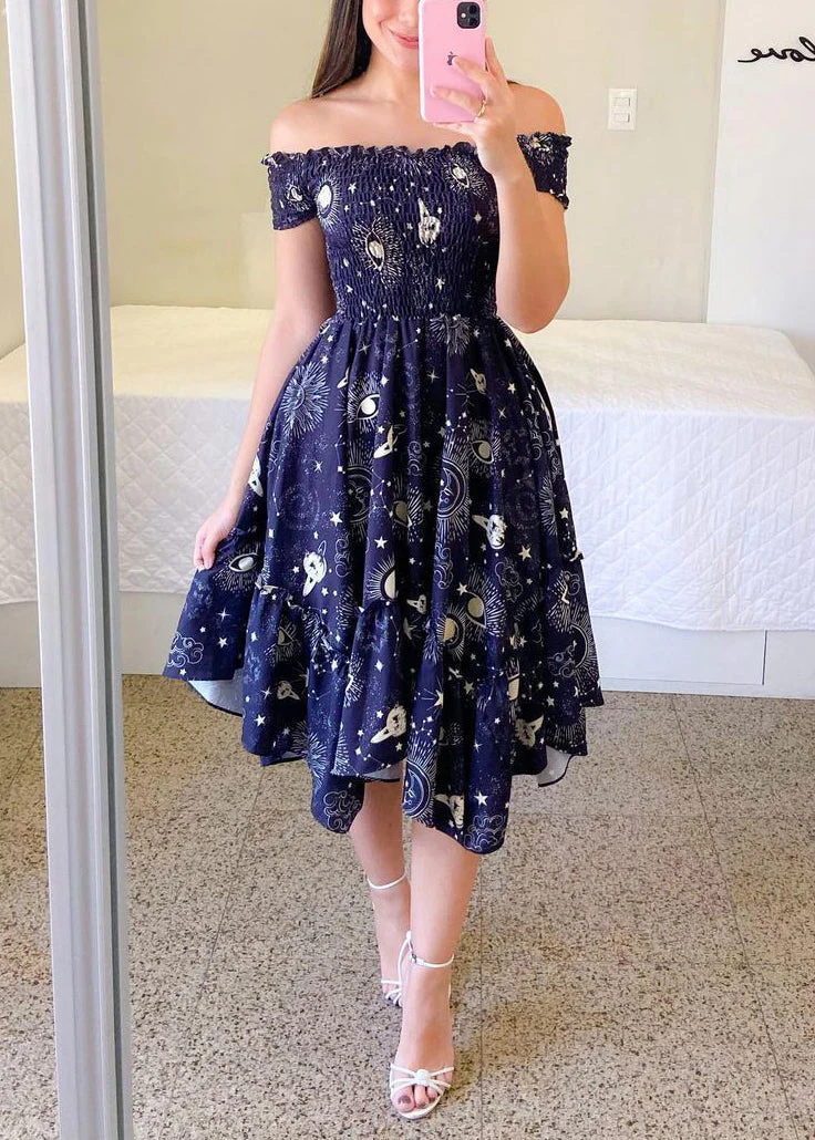 Beautiful Sunflower Slash Neck Print Ruffled Cotton Dress Summer - Image 3