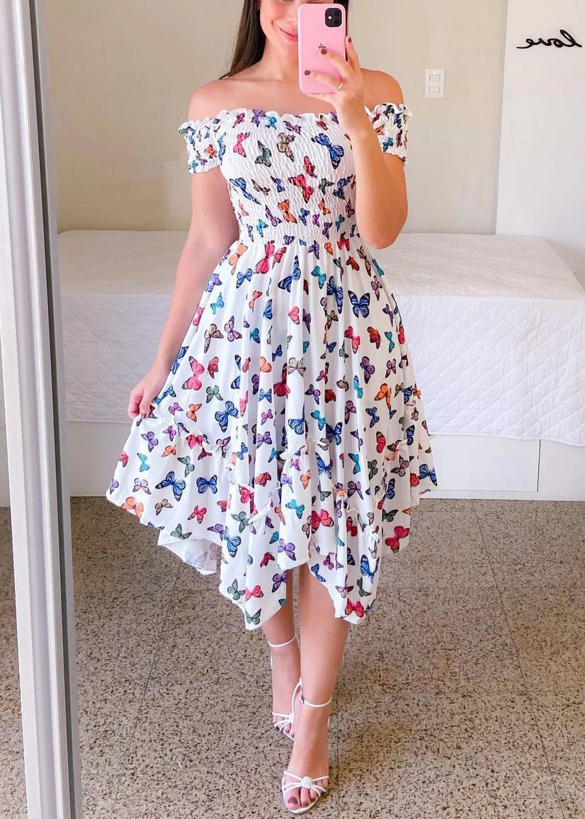 Beautiful Sunflower Slash Neck Print Ruffled Cotton Dress Summer - Image 4