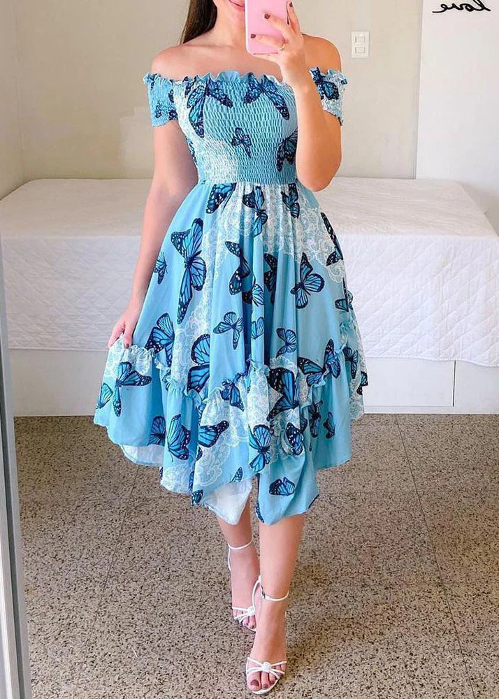 Beautiful Sunflower Slash Neck Print Ruffled Cotton Dress Summer - Image 5