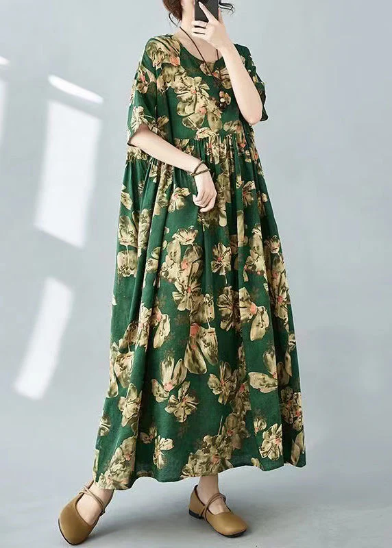 Beautiful Tea Green Oversized Print Cotton Holiday Dress Summer - Image 2