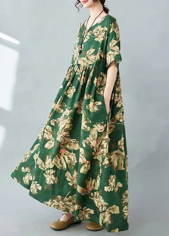 Beautiful Tea Green Oversized Print Cotton Holiday Dress Summer - Image 3