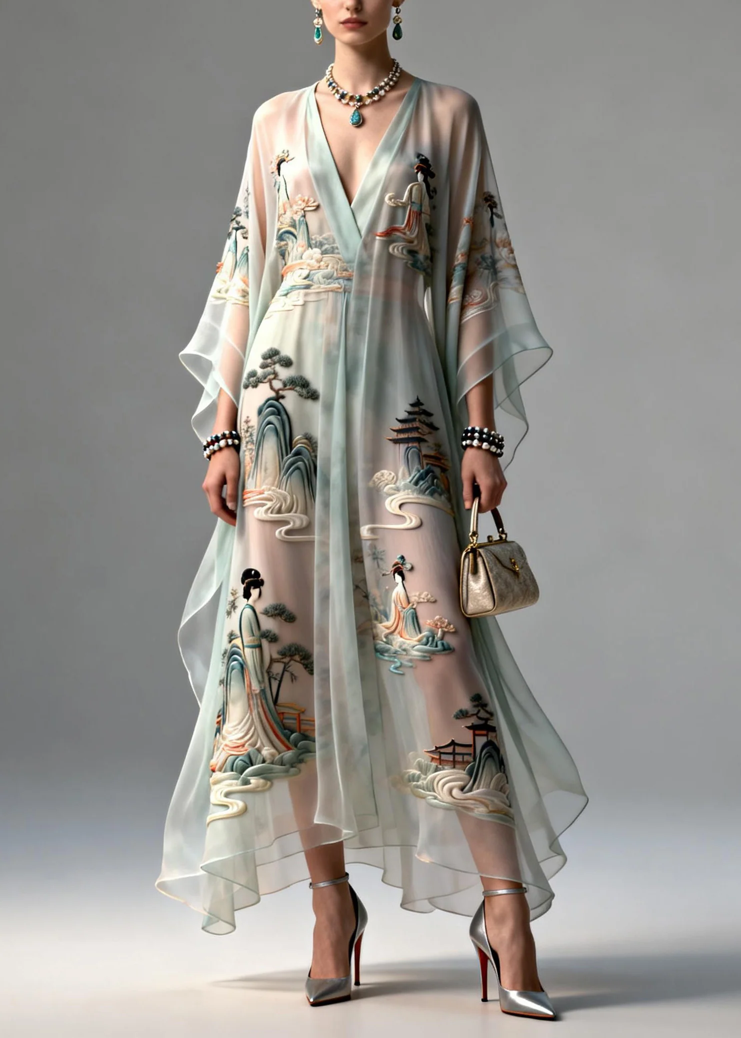 Beautiful V Neck Asymmetrical Design Print Chiffon Dress Summer - Image 3