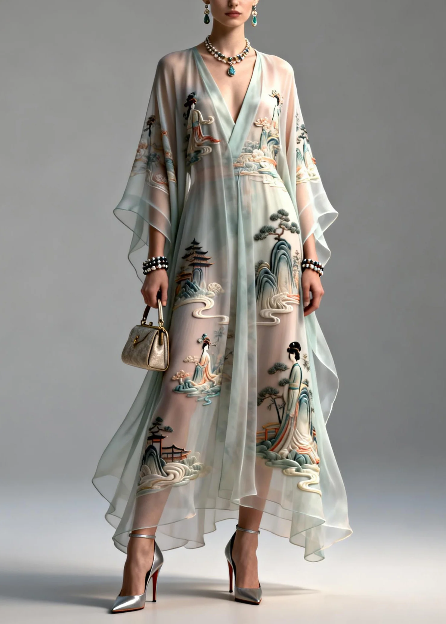 Beautiful V Neck Asymmetrical Design Print Chiffon Dress Summer - Image 5