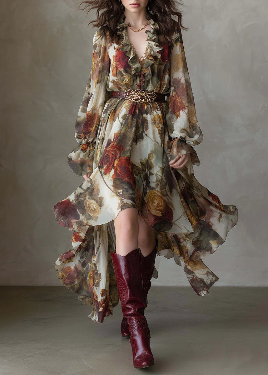 Beautiful V Neck Asymmetrical Design Ruffled Print Chiffon Dress Summer - Image 5