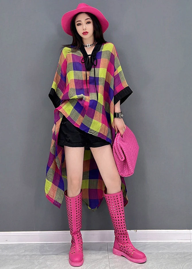 Beautiful V Neck Asymmetrical Low High Design Plaid Dress Long Sleeve - Image 2