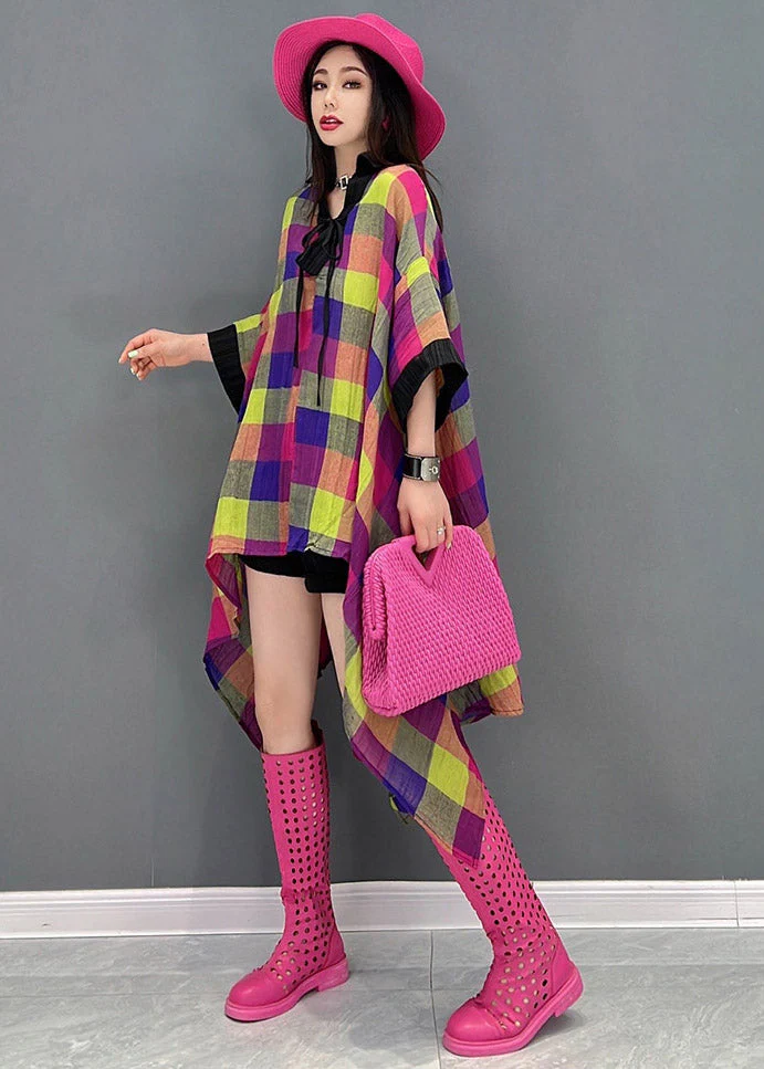 Beautiful V Neck Asymmetrical Low High Design Plaid Dress Long Sleeve - Image 3