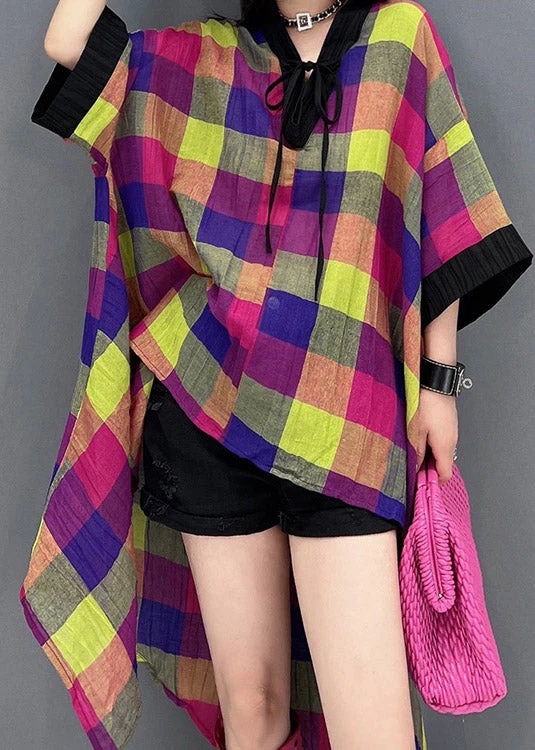 Beautiful V Neck Asymmetrical Low High Design Plaid Dress Long Sleeve - Image 5