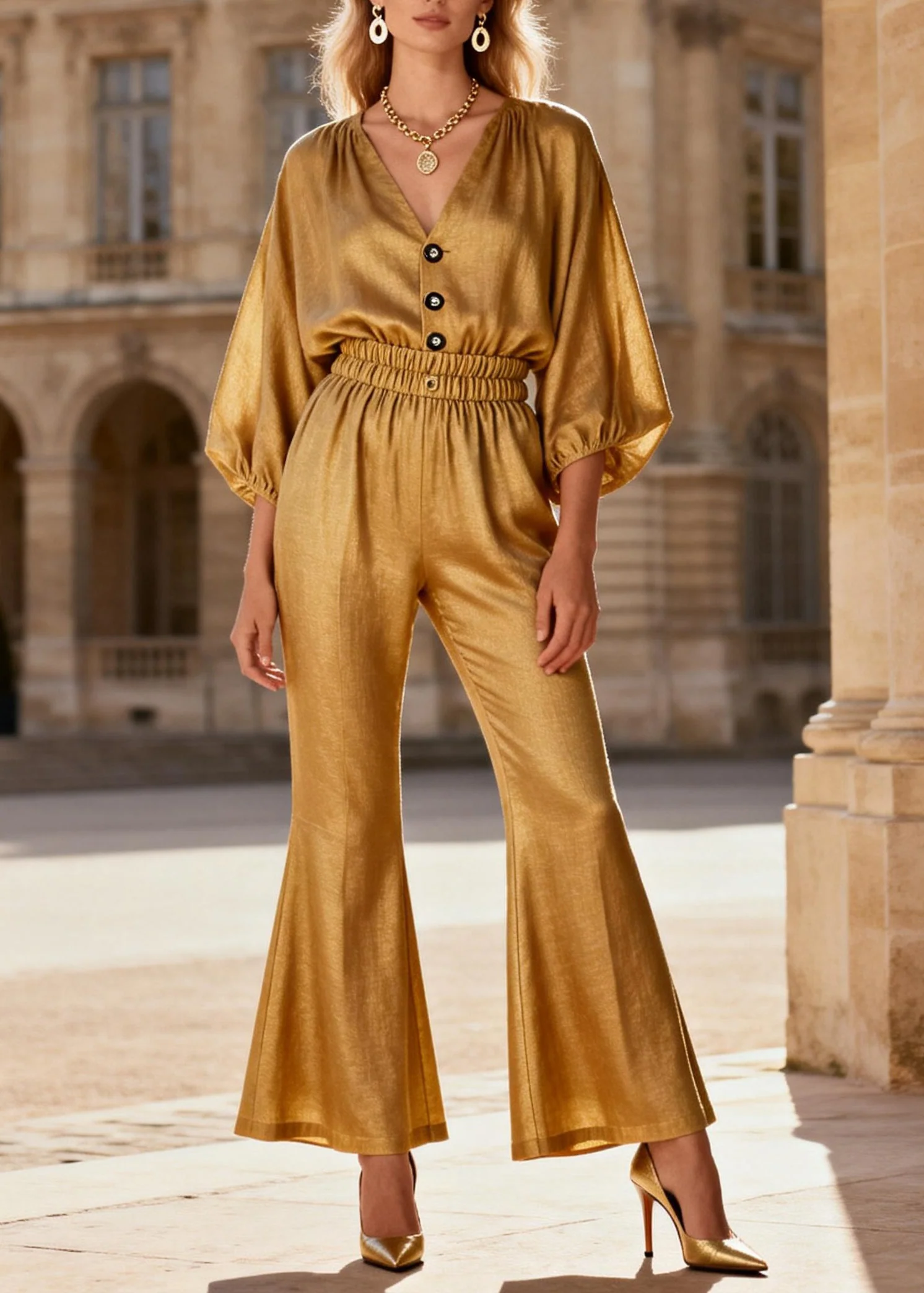 Beautiful V Neck Patchwork Linen Silk Two Pieces Set Summer - Image 3