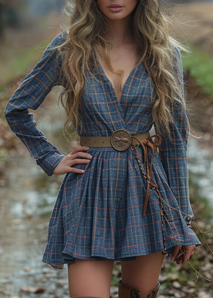 Beautiful V Neck Plaid Wrinkled Cotton Dress Long Sleeve - Image 5
