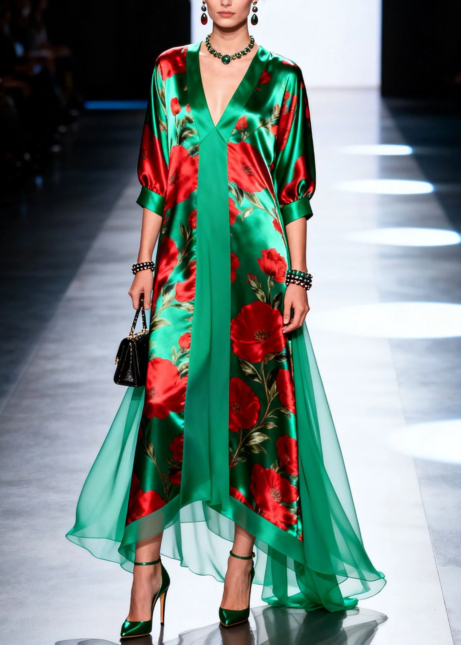 Beautiful V Neck Print Patchwork Chiffon Maxi Dresses Summer - Image 3