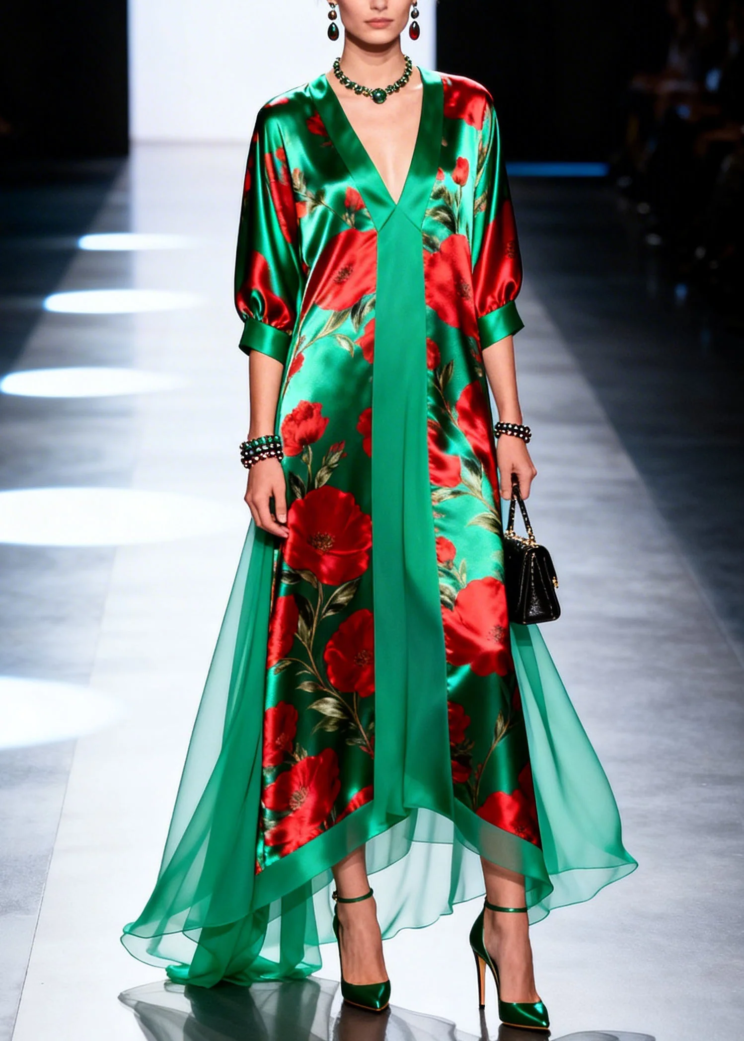 Beautiful V Neck Print Patchwork Chiffon Maxi Dresses Summer - Image 5