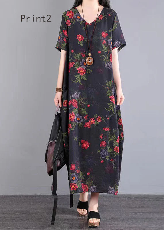 Beautiful V Neck Print Patchwork Cotton Long Dresses Summer - Image 2