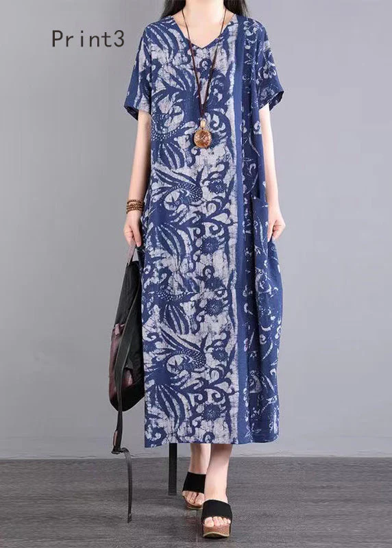 Beautiful V Neck Print Patchwork Cotton Long Dresses Summer - Image 3